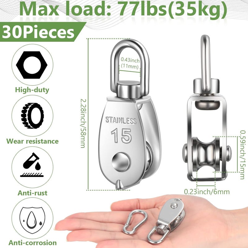 Ferraycle 30 Pcs Single Pulley Block System 304 Stainless Steel Pulley Wheel Hanging Wire Towing Wheel with 30 Pcs Spring Snap Hook, Lifting Wire Rope Single Swivel Roller, Silver(M15) - Image 2